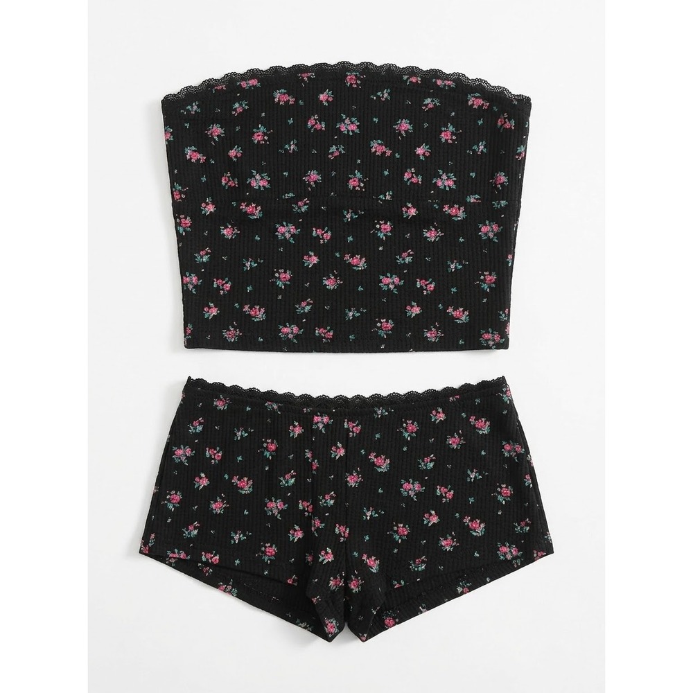Edikted 2 Piece Lounge Set Women XS Black Floral Lace Trim Tube Top and Shorts